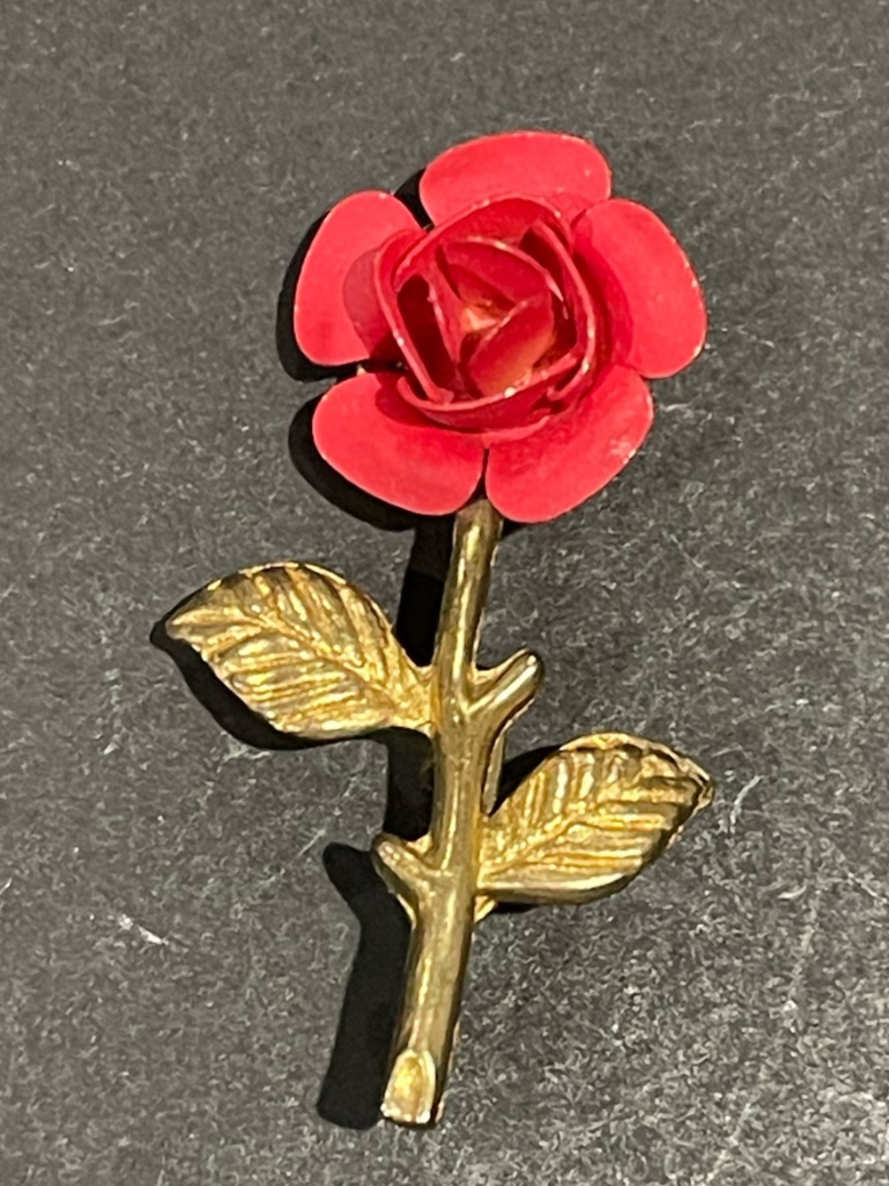 Gold Tone Rose Pin Brooch with Red Enamel Flower